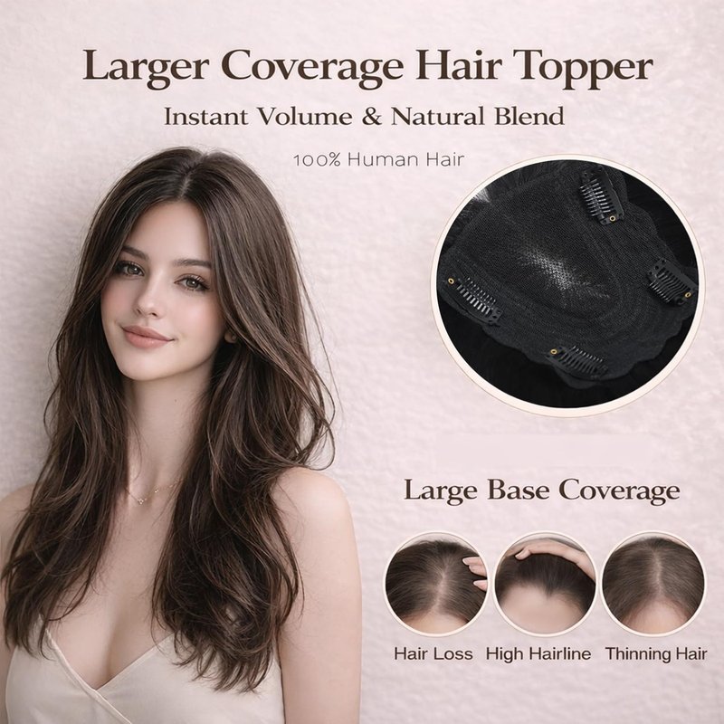 Human Hair Toppers for Women - 360° 3D Clip-In Bangs for Thinning Crown | Chestnut Brown, 16 Inch