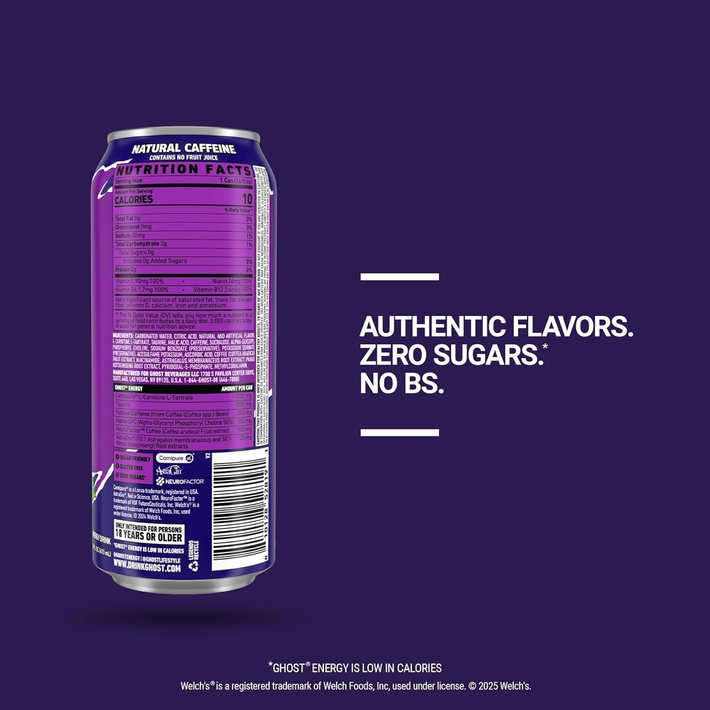 GHOST Energy Drink - 12-Pack Welch's Grape 16oz Cans | Natural Caffeine, Vegan & Gluten-Free Energy Boost
