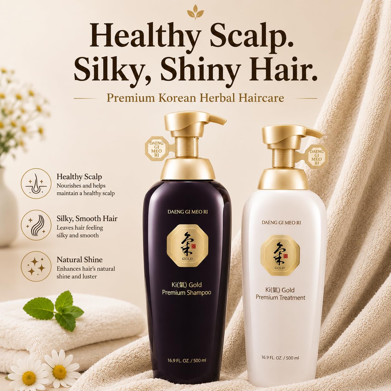 Daeng Gi Meo Ri- Ki Gold Premium Shampoo + Treatment Set, Promoting Hair Growth, Effectively Moisture to Dry and Rough Hair, No Artificial Color, 500ml