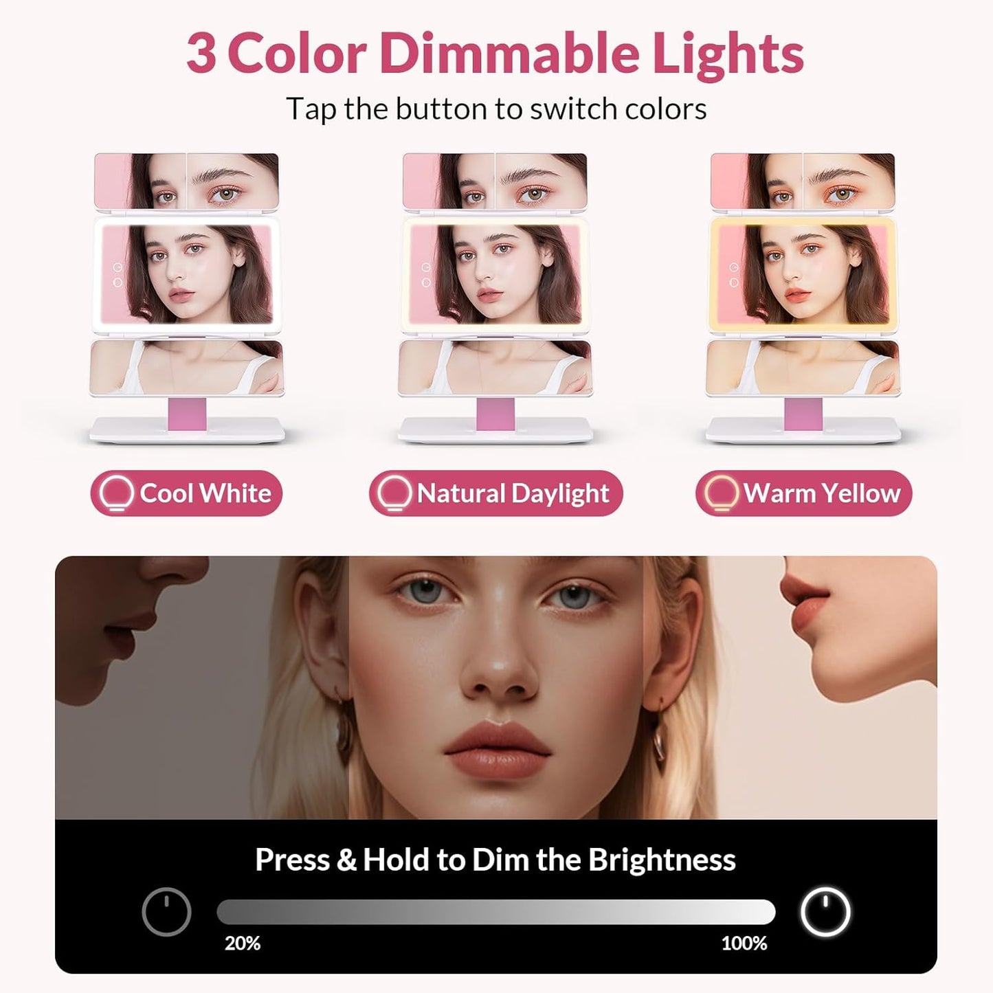 Foldable Tri-Fold Lighted Makeup Vanity Mirror - 60 LED Lights, 1X/2X/3X Magnification, Touch Control, 360° Rotation | Portable Travel Compact Mirror
