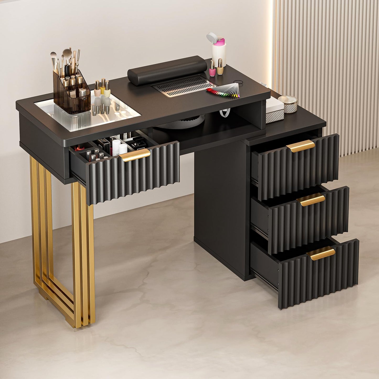 Paddie Manicure Table Nail Desk for Nail Tech, Glass Top Beauty Salon Nail Tech Table Station with Electric Downdraft Vent, Wrist Cushion, Storage Drawers, Metal Handles, Golden Legs (Black)