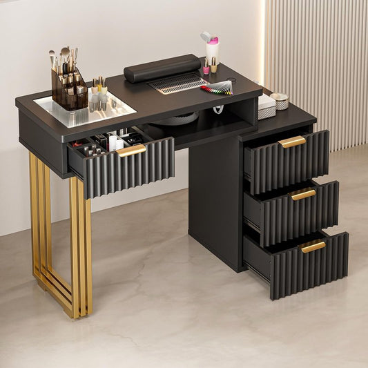 Paddie Manicure Table Nail Desk for Nail Tech, Glass Top Beauty Salon Nail Tech Table Station with Electric Downdraft Vent, Wrist Cushion, Storage Drawers, Metal Handles, Golden Legs (Black)