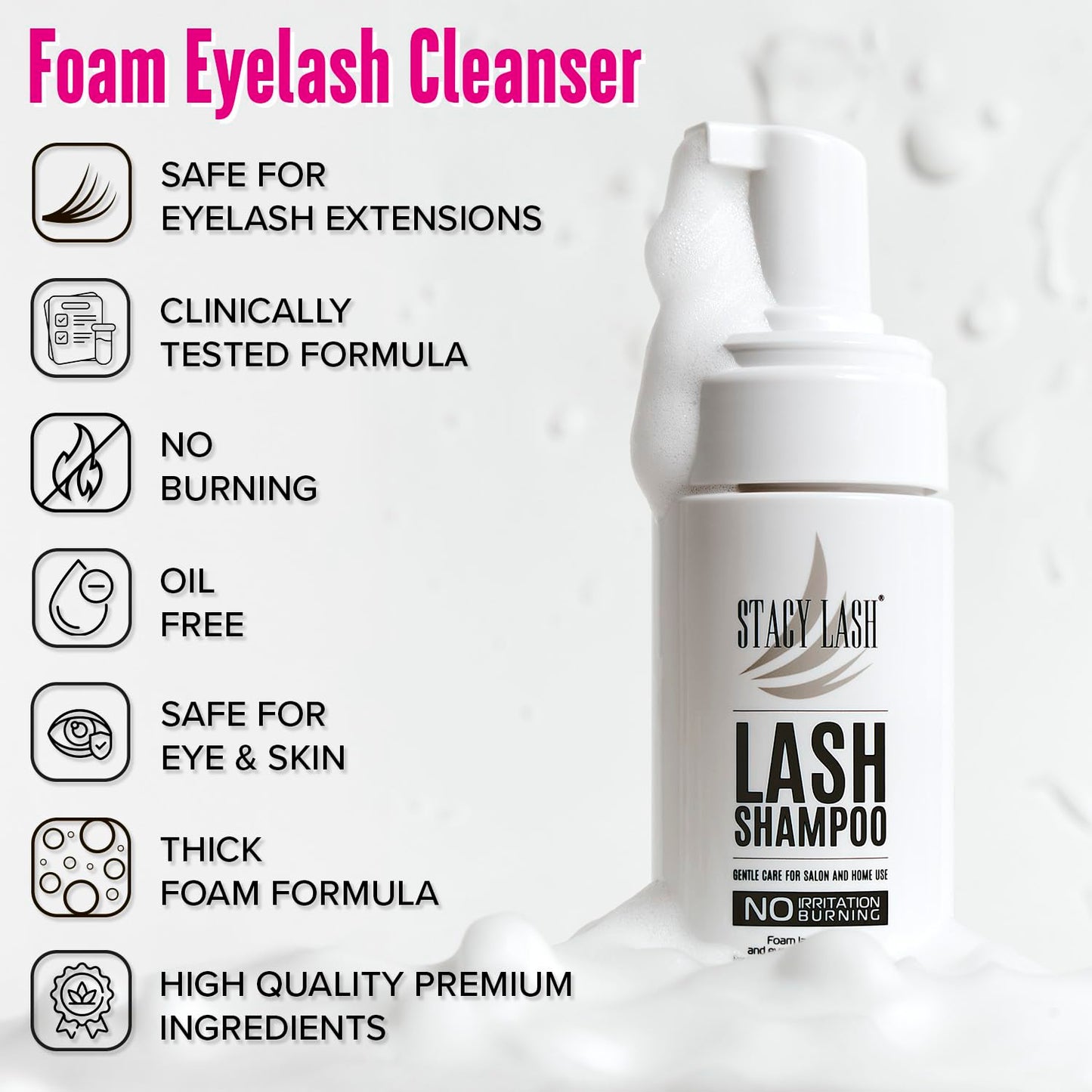 STACY LASH Lash Shampoo 50ml Kit Korean Makeup Remover with Eye Lash Spoolies & Rinse Bottle & Cleansing Pad & Brush for Eyelash Extensions & Clusters & Natural Eyelashes