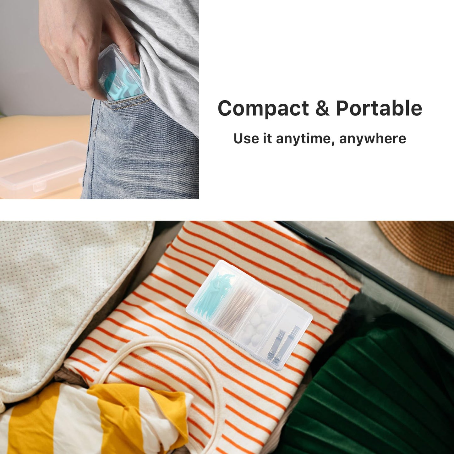 Hipiwe Plastic Cotton Swab Holder for Travel 4 in 1 Compact Cleaning Organizer for Hair Rope Paperclip Clear Dental Floss Sticks Case with Lid Small Travel Container Hair Tie Storage Box