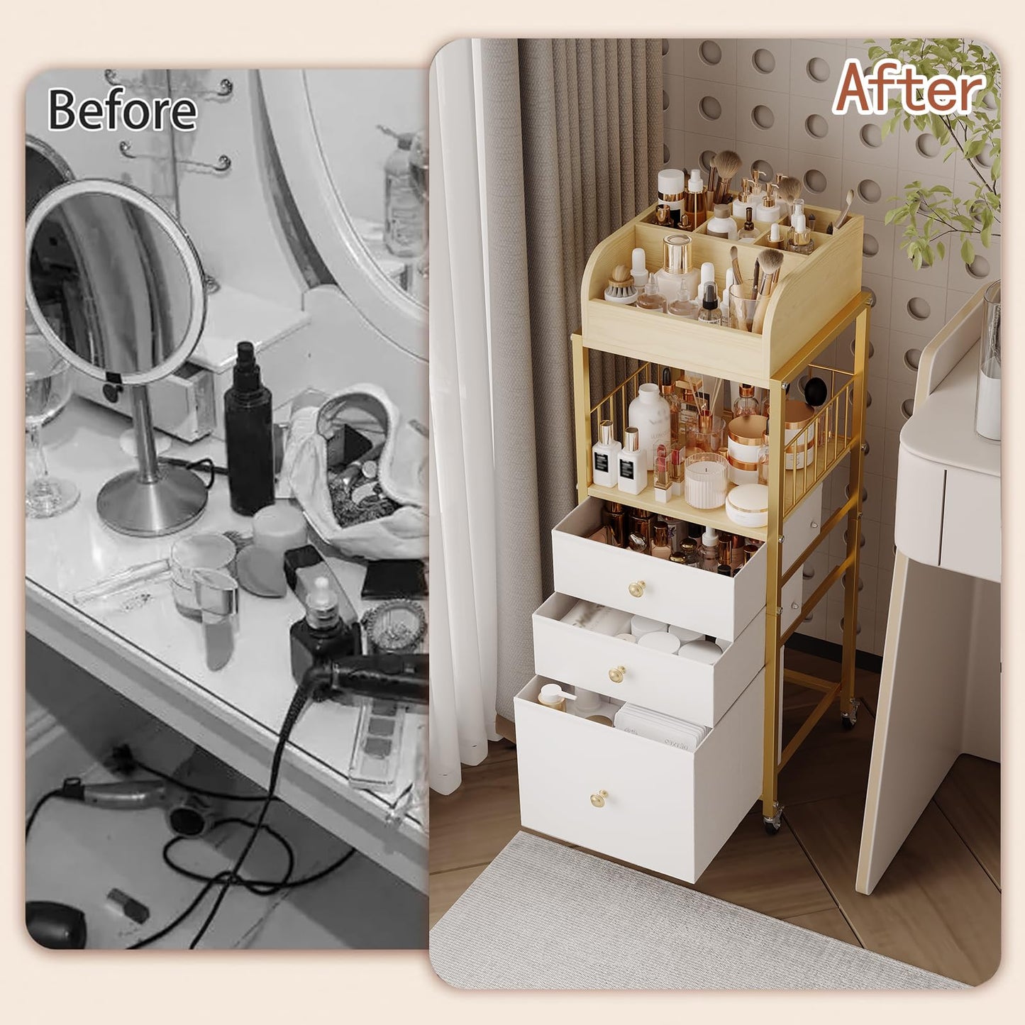 Makeup Organizer Cart with Drawers, Floor Skincare Organizers Make Up Organizers-Vanity Organizer Cosmetic Display Cases Holder for Skin Care Perfume Nail Polish Brush Hair Tool（Gold）