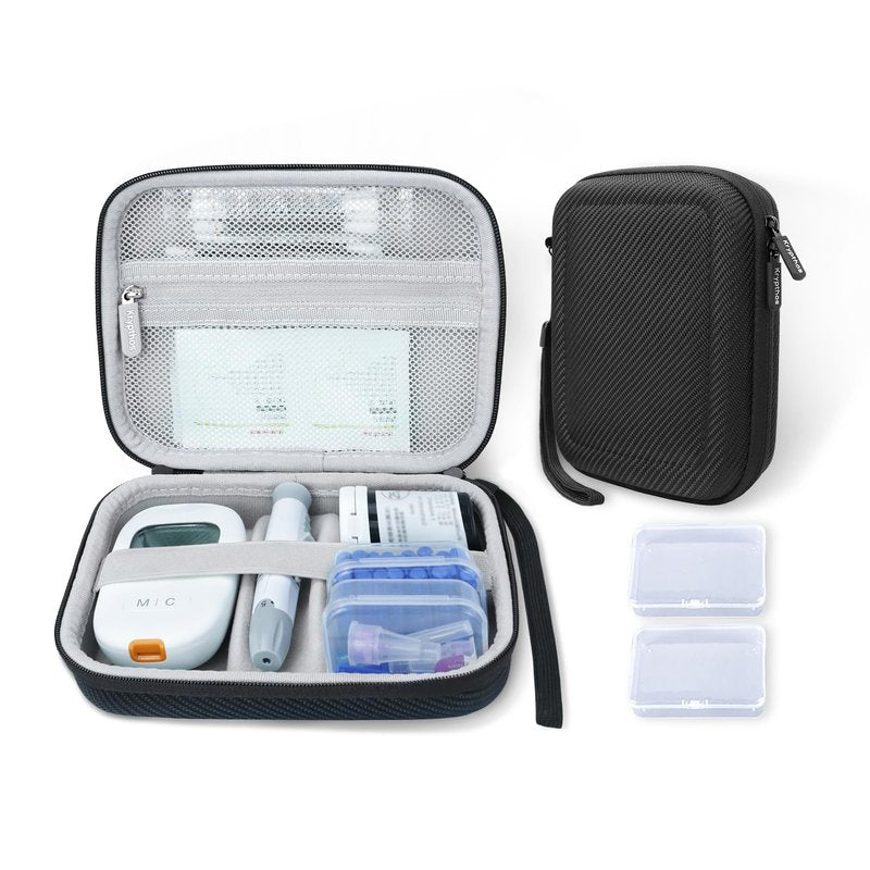 Krypthos Diabetic Supplies Travel Case, Carrying Case for Diabetes Blood Glucose Meter, Portable Diabetes Testing Kit Storage Organizer Bag for Blood Sugar Test Strips, Lancets, Lancing Device-Black