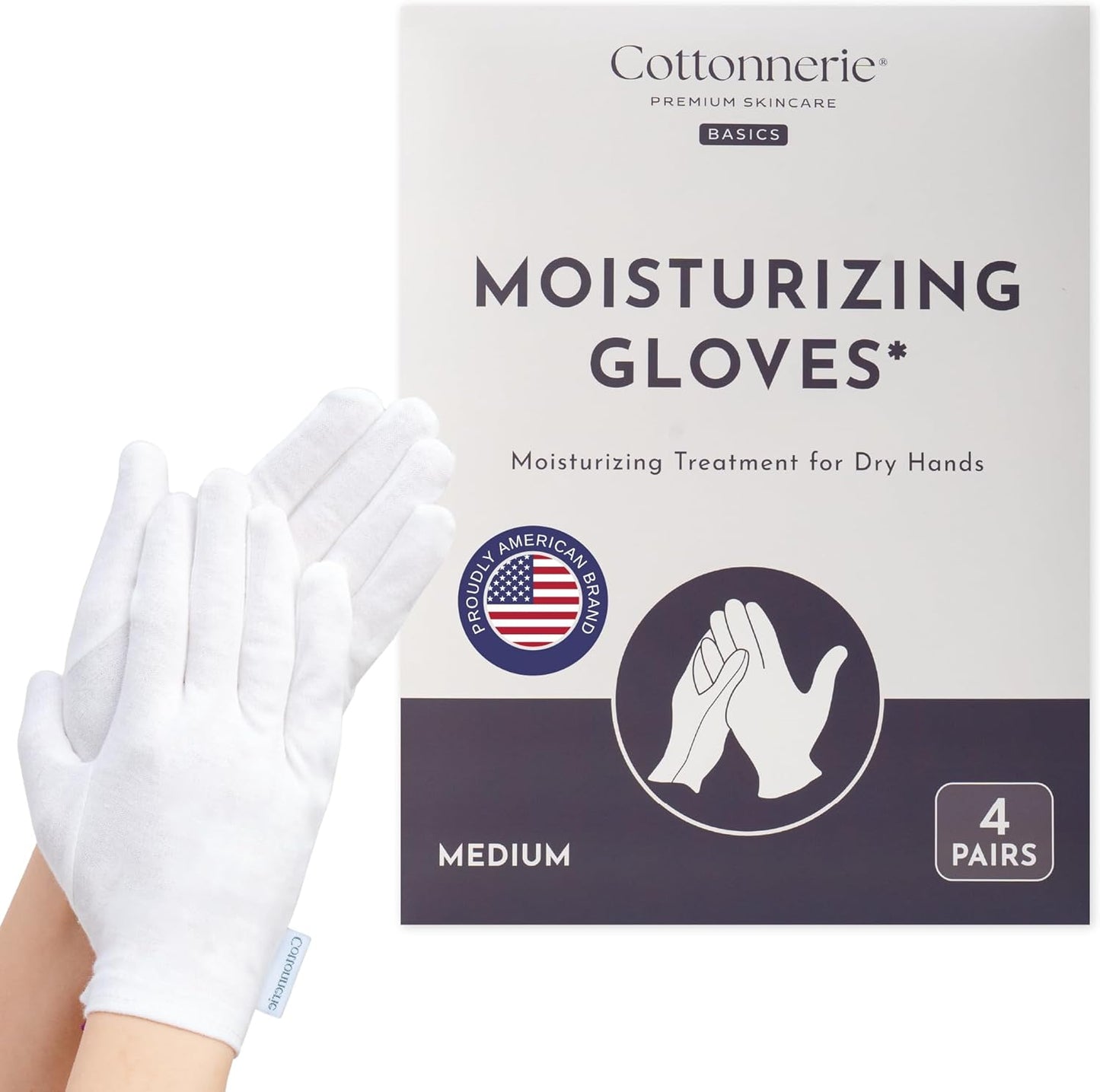 Cotton Moisturizing Gloves for Dry Hands - 4 Pairs Overnight Hand Care | Medium Size