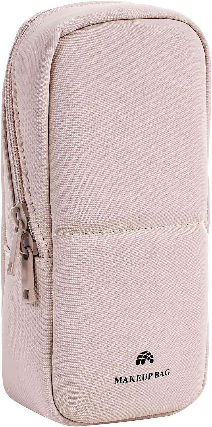 Travel Makeup Bag - Waterproof PU Leather Cosmetic Organizer with Compartments | Small Beige Brush Holder