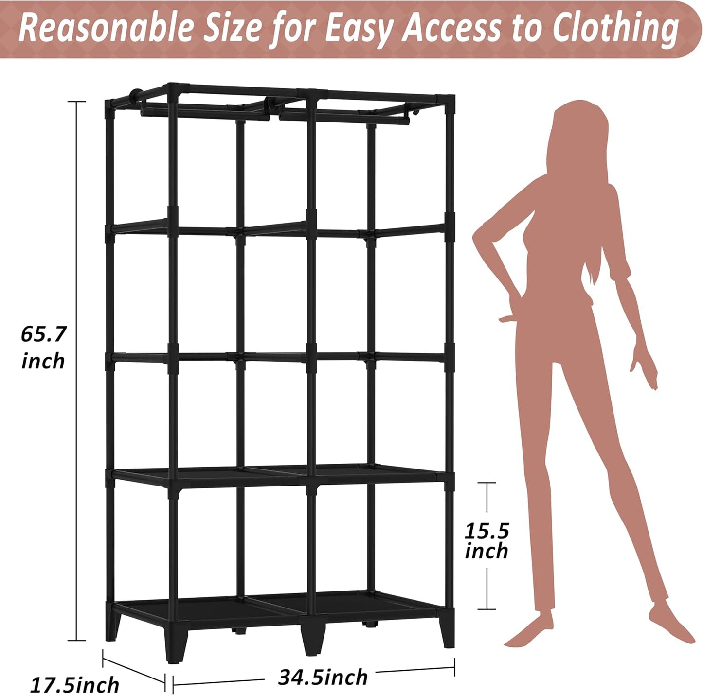 Portable Wardrobe Closet - Easy Assembly Black Clothes Rack with 2 Hanging Rods | 4 Shelves & 8 Pockets for Bedroom or Dorm