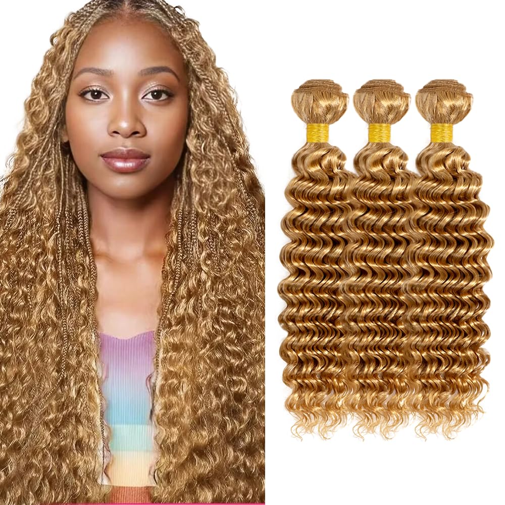 30 32 34 Inch #27 Blonde Bundles Human Hair Deep Wave 3 Bundles Brazilian Remy Hair 50 Grams/Bundle 10A Grade Unprocessed Virgin Hairs Honey Blonde Deep Wave Bundle Weaves Extensions for Women