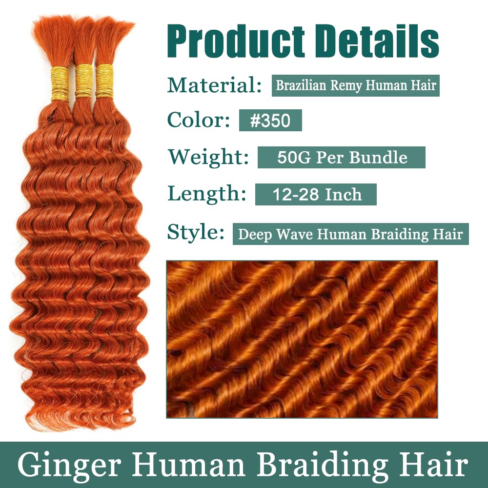 Ginger Boho Human Hair Deep Wave Boho Braids Ginger Orange Braiding Hair 14 14 inch Deep Wave Boho Braids 2 Bundles Orange Color 100g/Pack