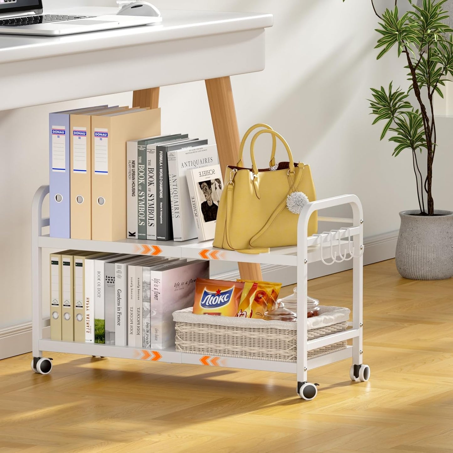 Expandable Rolling Cart - 2-Tier Metal Pantry Storage Organizer with Wheels | Adjustable Under Desk Cart for Kitchen