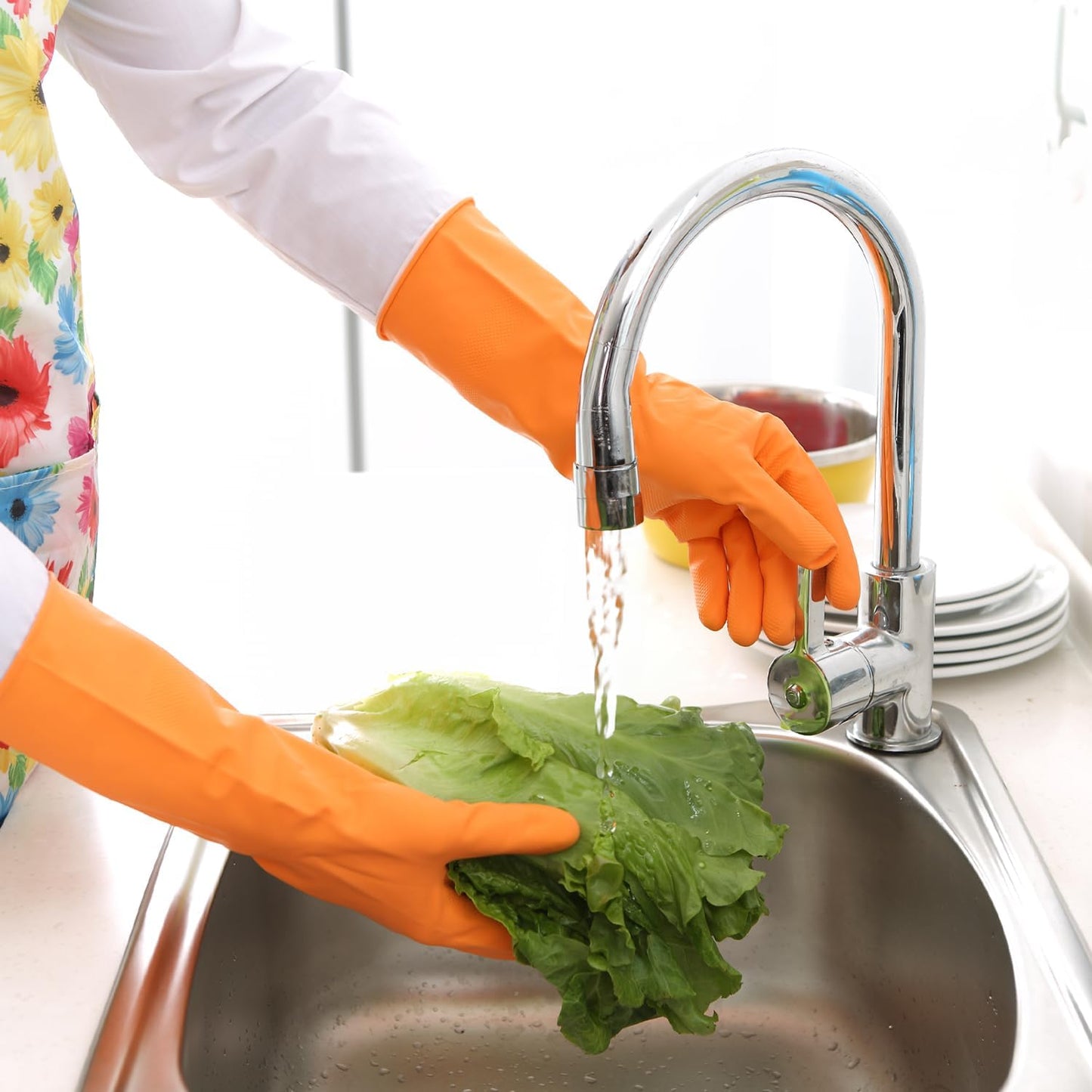 Bamllum Rubber Cleaning Gloves - Reusable Dishwashing Gloves for Kitchen | Flexible & Waterproof (Medium, Green, Red, Orange)