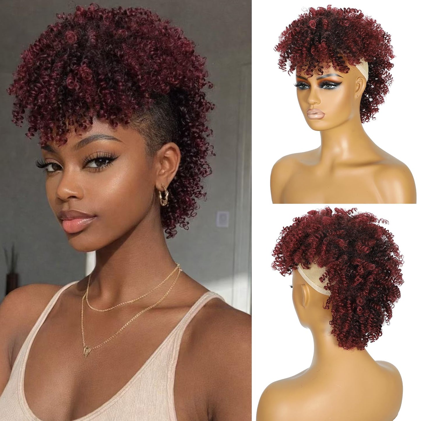 Kinky Curly Brown Mohawk Wig - Short Synthetic Ponytail Extension with Bangs | Fluffy Hair for Daily & Party Use 1B/30