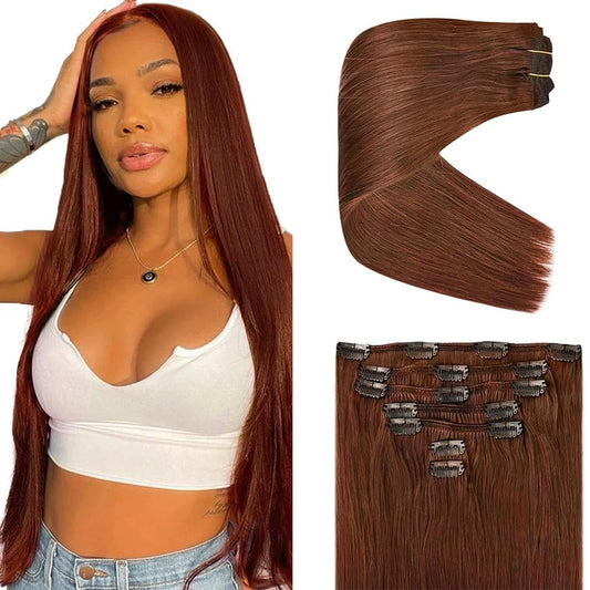 Reddish Brown Clip in Hair Extensions Real Human Hair, 24 Inch 120g/7Pcs,#33 Auburn Brown Remy Human Hair,Copper Straight Clip ins Brazilian Virgin Human Hair Extensions