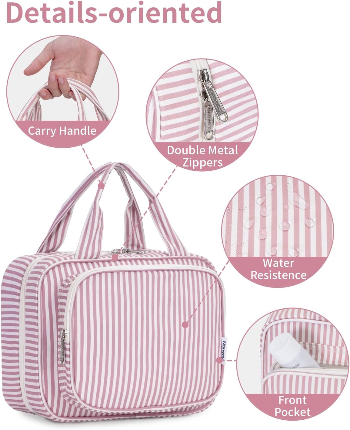 Striped Hanging Toiletry Bag for Women - Travel Makeup Organizer | Medium Dusty Pink Stripe