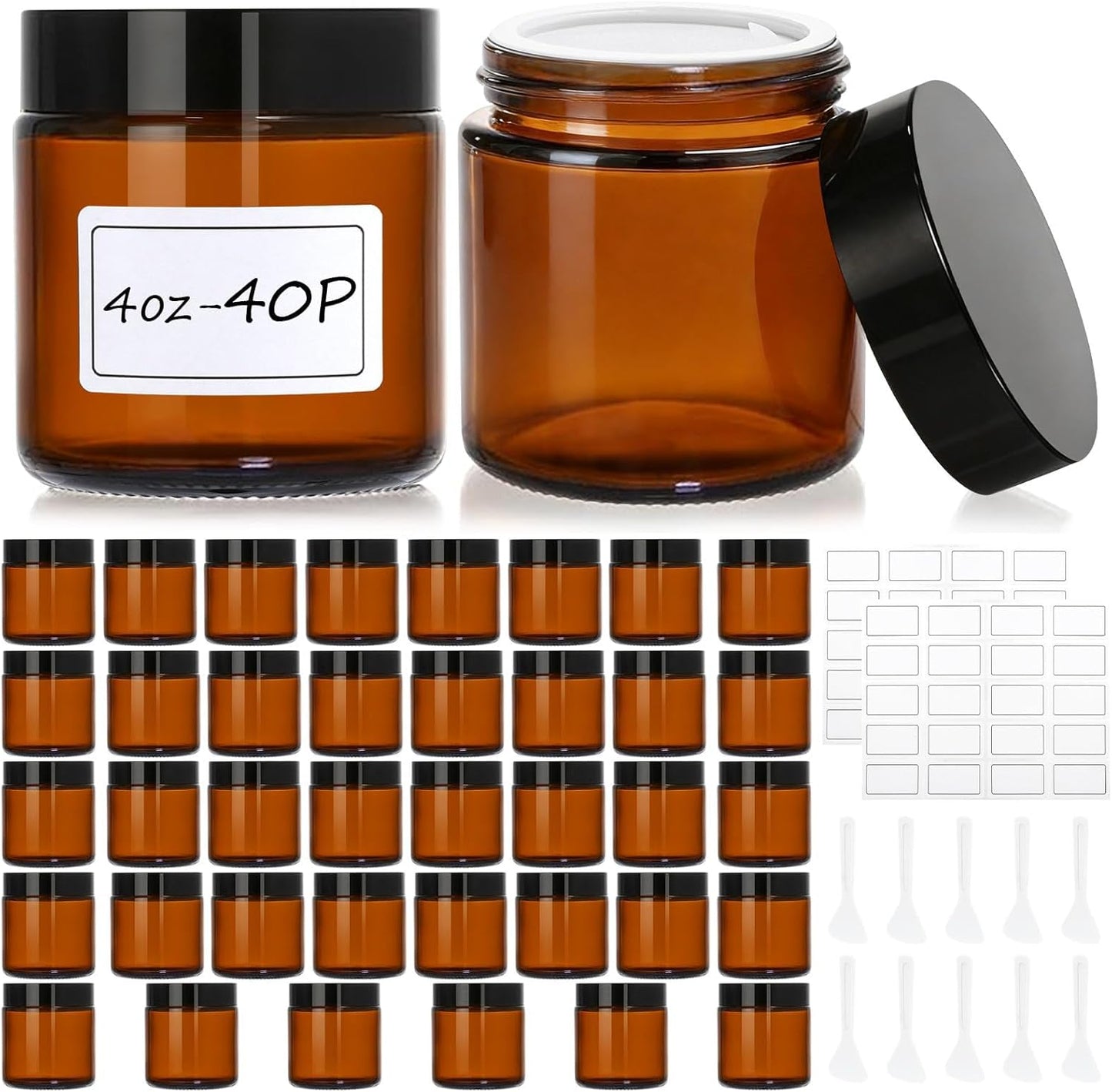 Amber Glass Jars - 30 Pcs 2 oz Leak-Proof Containers with Lids, Labels & Spatulas | Perfect for Essential Oils, Spices, DIY Projects