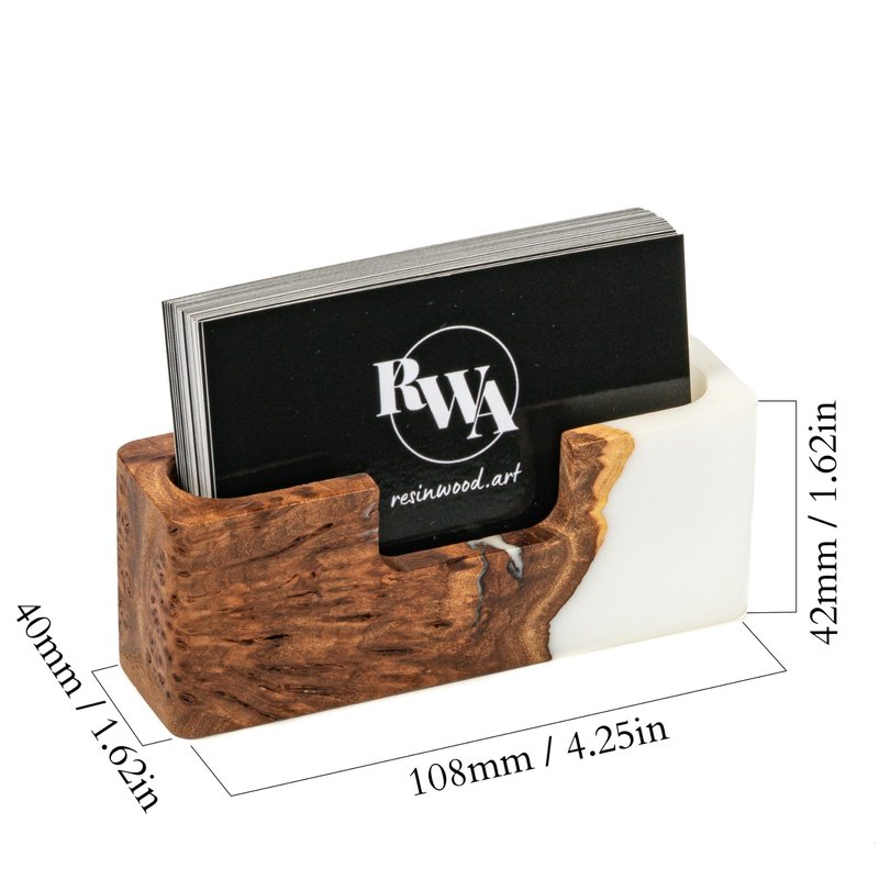 RWA Business Card Holder – Luxury Square Desk Organizer, Stylish Office Decor, Slim Card Holders - Wood & Epoxy Card Display Stand for Men and Women, Office Desk Accessories - SMART, platinum