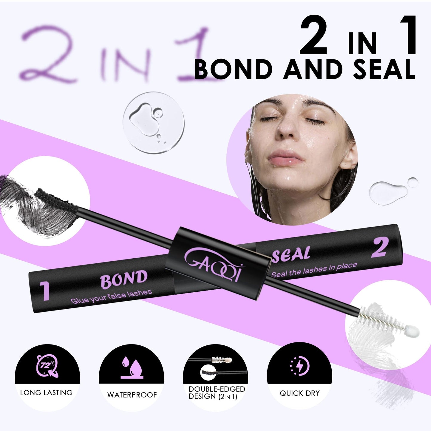 GAQQI Lash Bond and Seal and Remover, Waterproof Lash Clusters Glue Easy to Use 3 in 1 Strong Hold DIY Eyelash Adhesive Kit, Qucik Removal Eyelash Remover, 2 Pcs