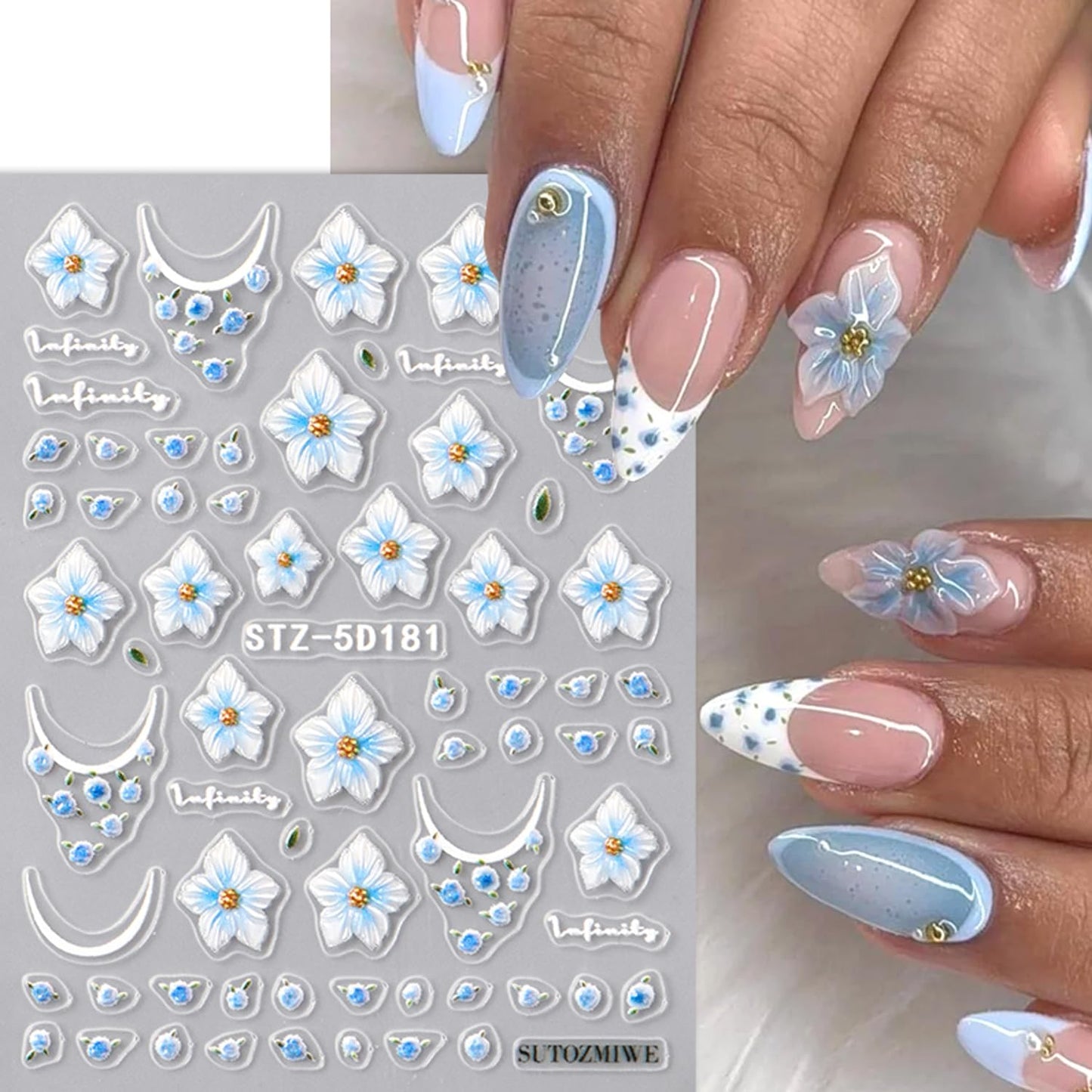 3PCS Spring Blue Flowers Nail Stickers, 5D Embossed Nail Stickers Nail Art Supplies 3D Blue Rose Nail Decals Blue Flower Five-Petal with Frangipani Polka Dot Nail Design French Floral Summer for Women