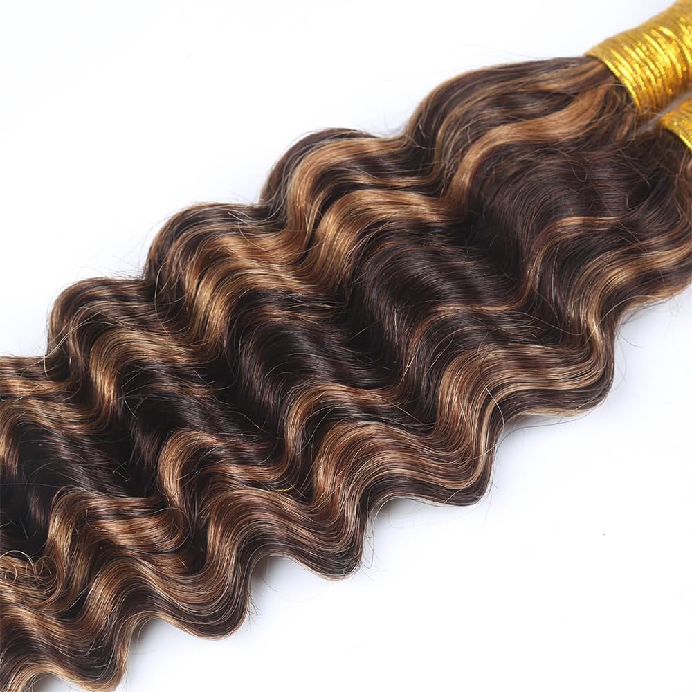 Brown Deep Wave Braiding Hair 4/30 Boho Human Hair for Braiding 28 28 28 Inch 3 Bundle Light Brown Deep Curly Braiding Hair Extensions 50g/Bundle