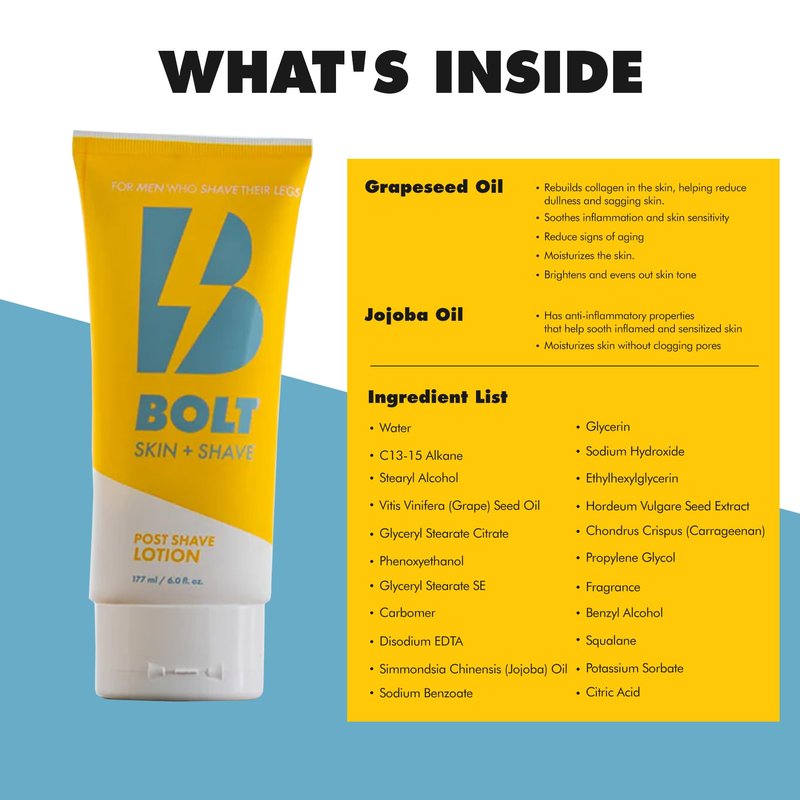 Bolt Skin + Shave - Post Shave Lotion for Men - Sandalwood & Bergamot Moisturizer with Cooling Menthol - Soothes, Hydrates, and Refreshes Skin After Shaving - Ideal for Legs, Arms, and Body - 6 Fl Oz