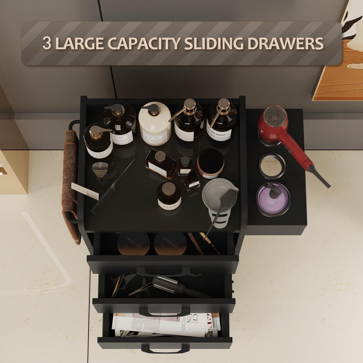 Salon Trolley Cart - Rolling Barber Station with Toughened Glass Top | 4 Wheels, Drawers & Towel Rack - Black