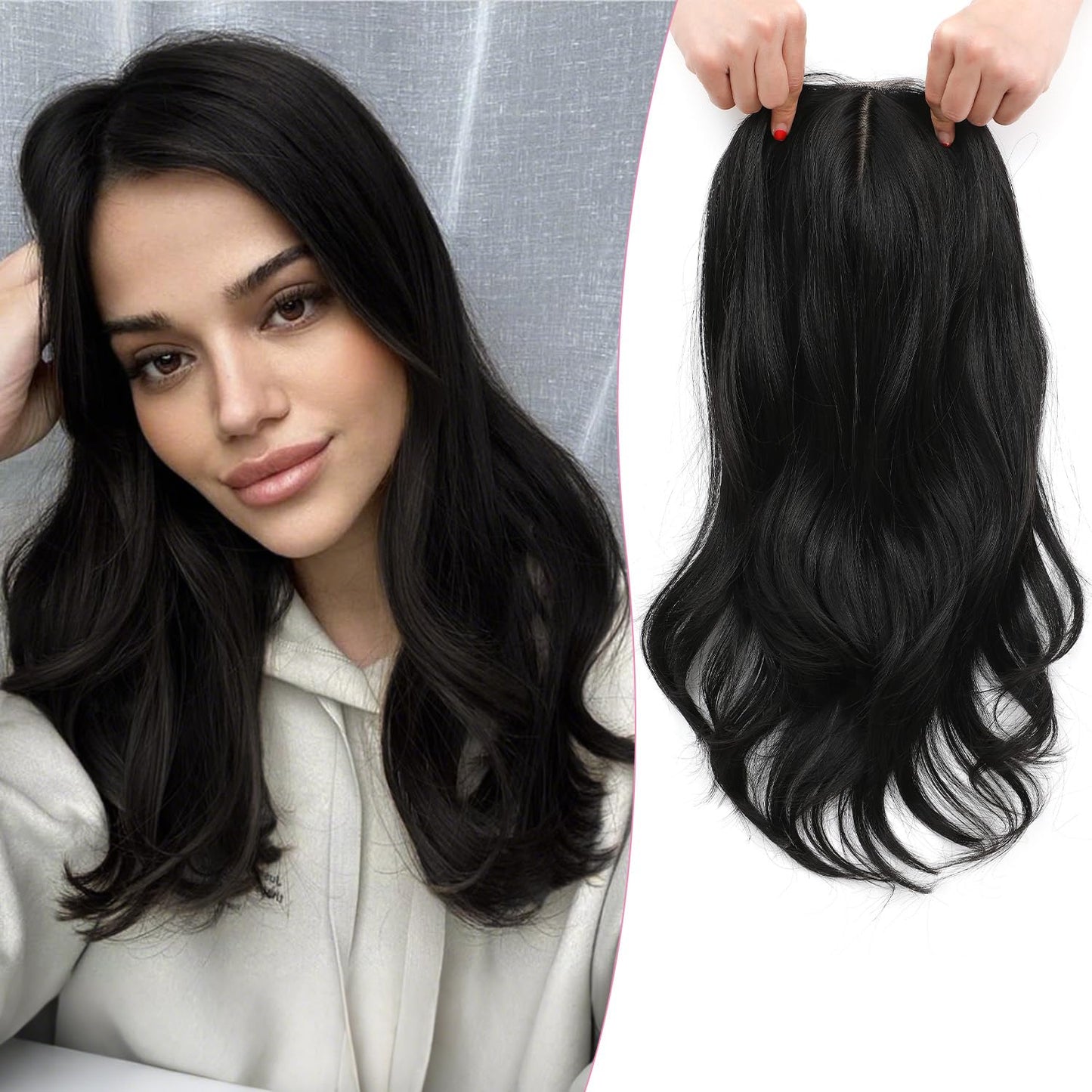 18 Inch Body Wavy Hair Topper for Women - Synthetic Clip-In, Natural Part, Dark Brown Root to Blonde Ombre with Highlights