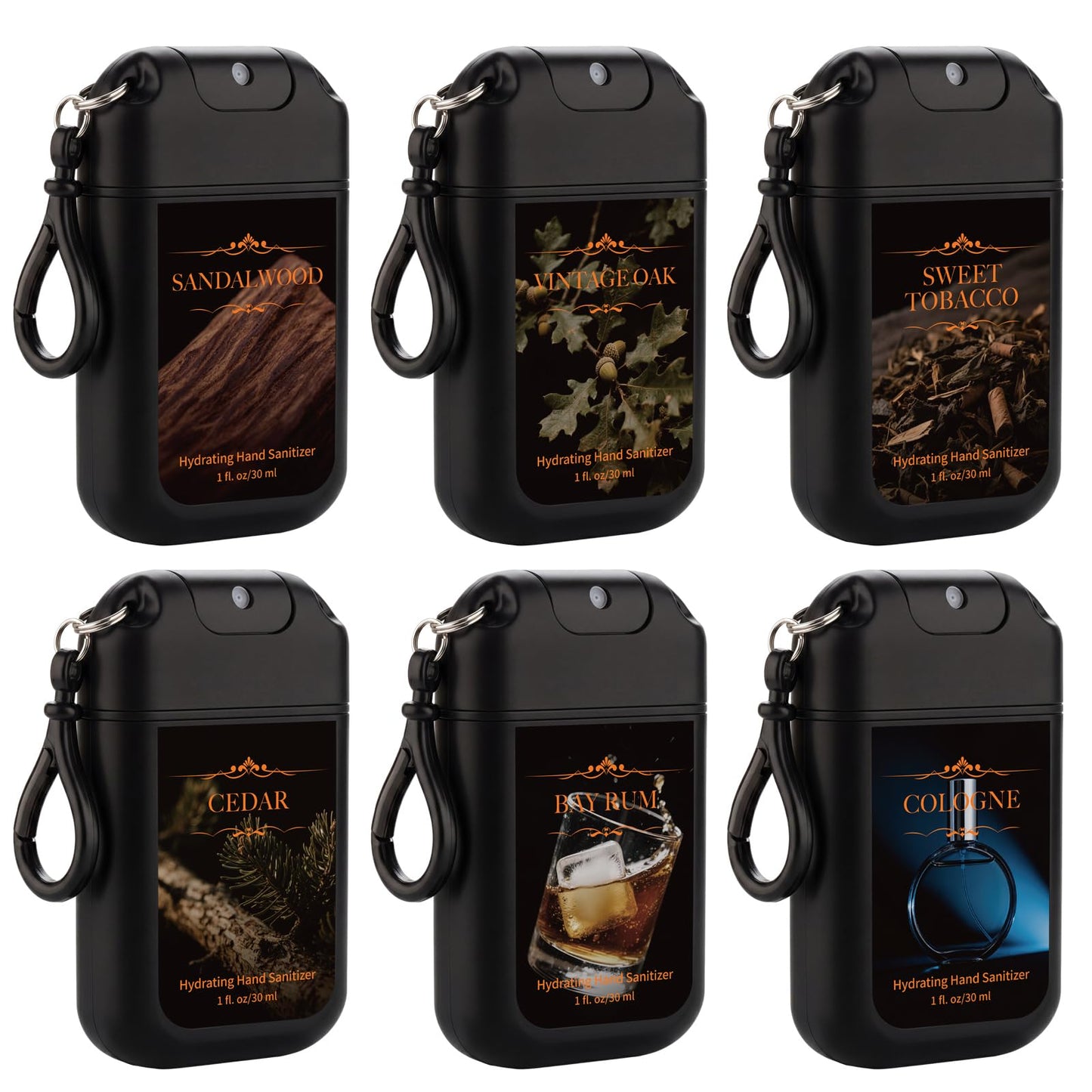 Dansib 6 Pcs Power Mist Hand Sanitizer Spray with Keychain Bulk Travel Size Hydrating Hand Sanitizer Pocket 1 Fl. oz Black Spray Bottle for Men Daily Use Friend Nurse Teacher Coworker Office Gifts