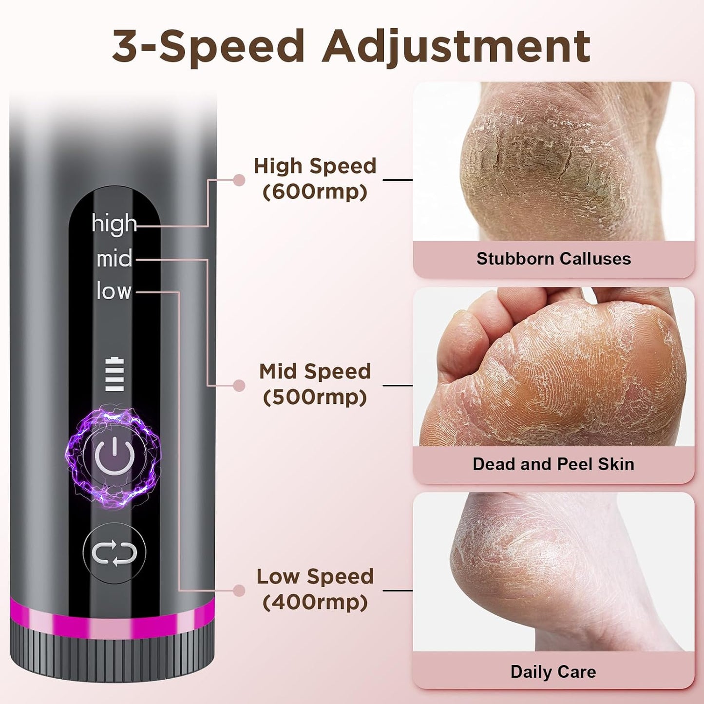 Electric Foot Callus Remover - Nano-Glass Head, 3 Speeds | 60 Sandpaper Discs, 4-Hour Runtime