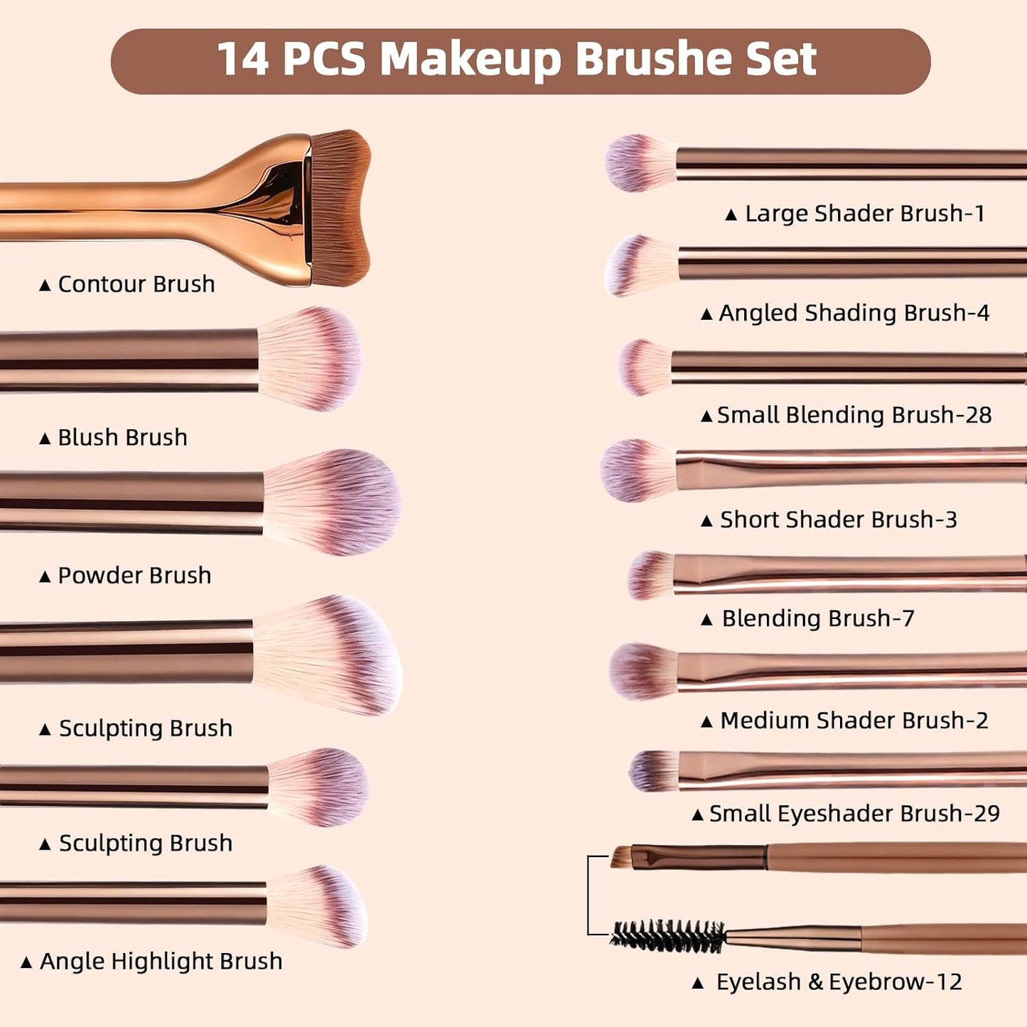 17-Piece Makeup Brush Set - Synthetic Bristles, Aluminum Ferrule | Brown for Beginners & Professionals