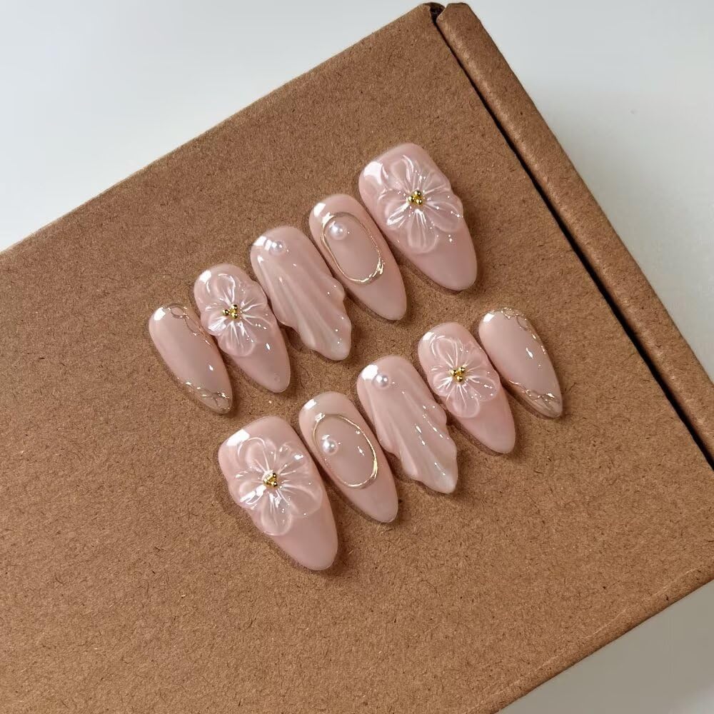 Press On Almond Nails - Handmade 3D Design, Thick Acrylic Gel | Reusable DIY Artificial Nails for Women (10 Pieces)