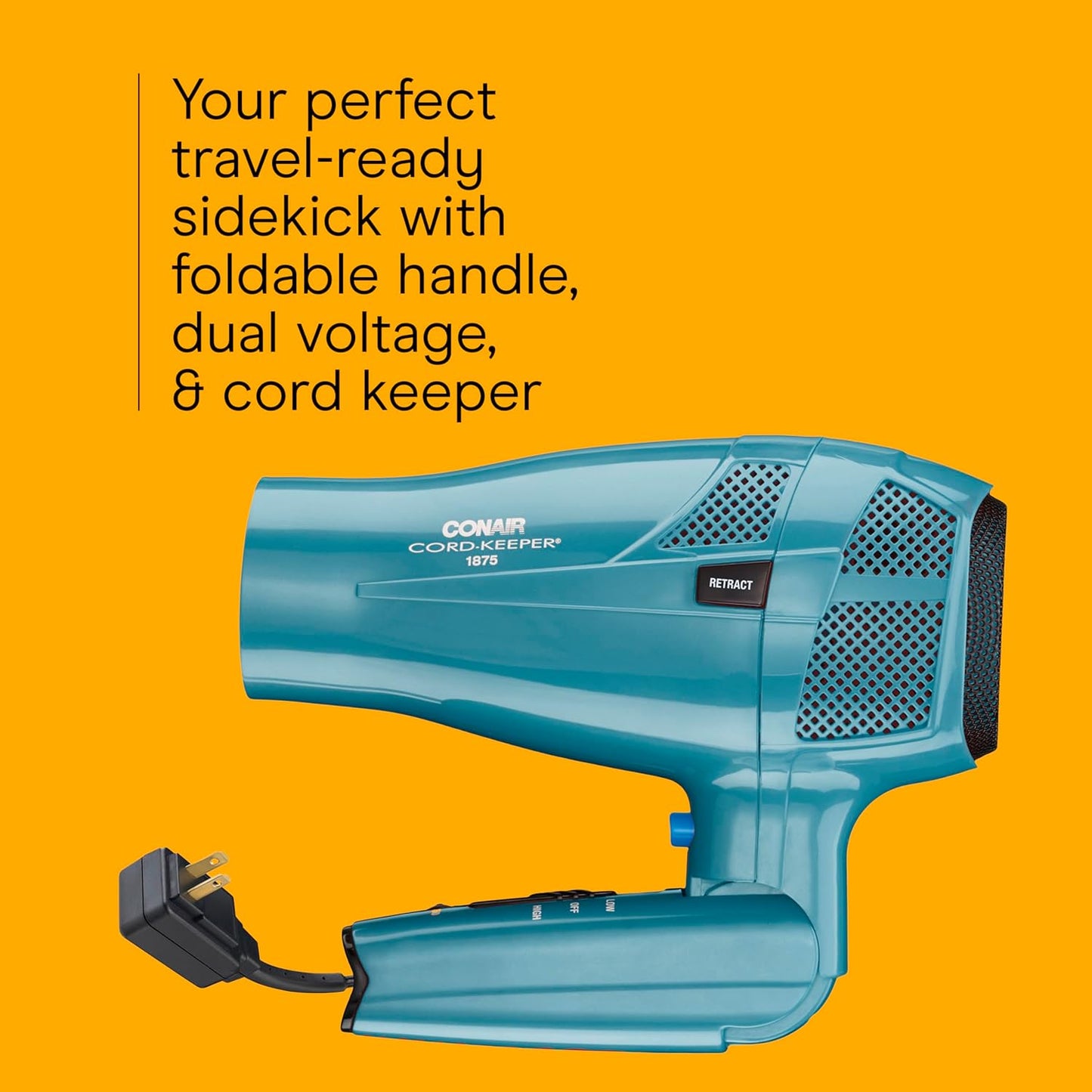 Conair Travel Hair Dryer - 1875W Ionic Technology with Folding Handle & Retractable Cord | Teal