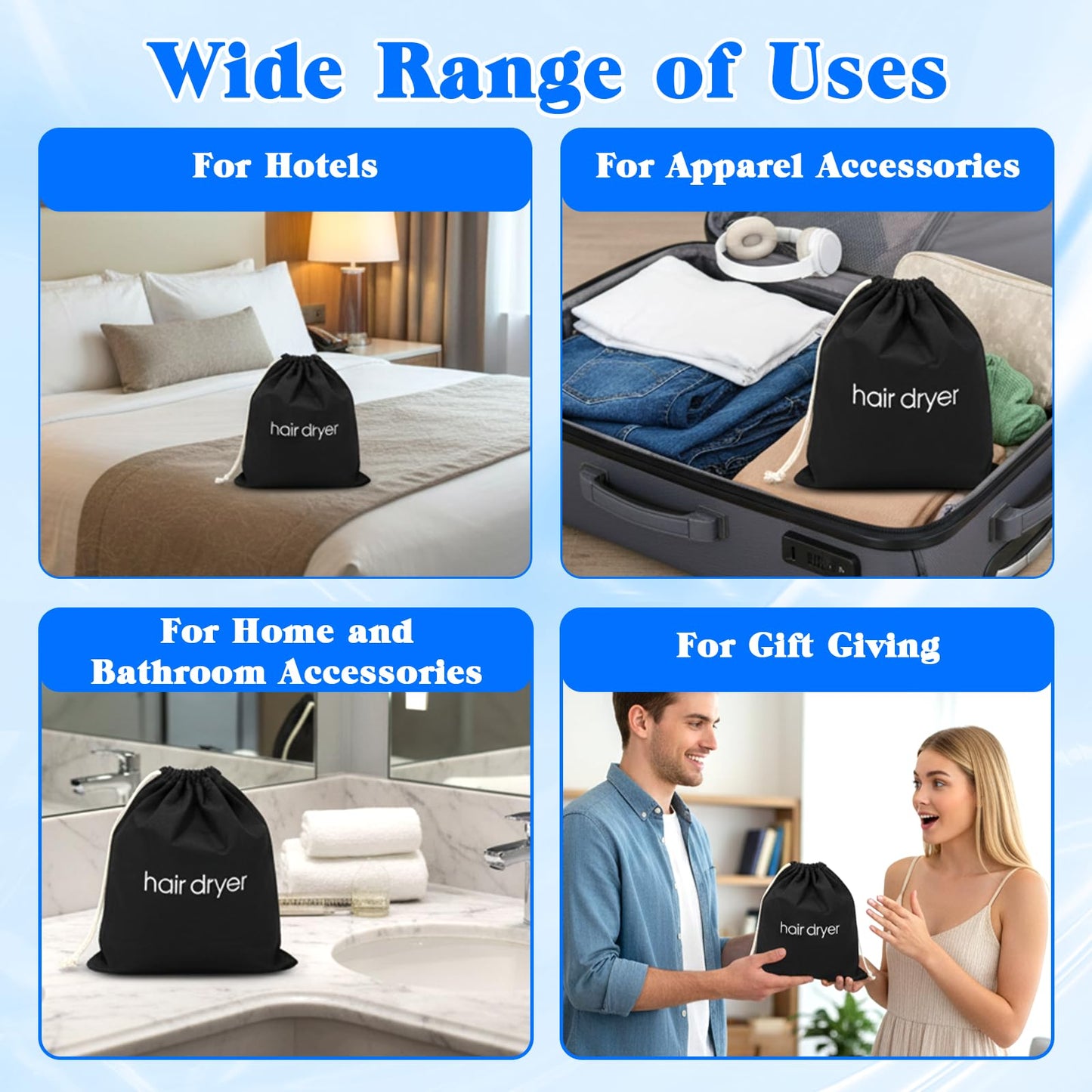 2 PCS Hair Dryer Bags, Drawstring Blow Dry Bag Organizer, Hairdryer Dust Storage Bags for Travel Bathroom (Black)