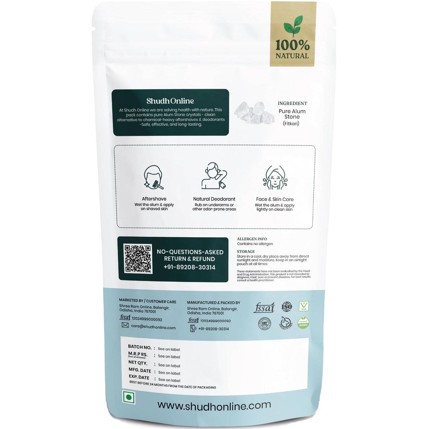 Alum Stone Organic for Face (8.8 oz - 250g) Piedra de Alumbre para Lavado Intimo - Natural Fitkari Stone for Shaving - Phitkari Alum Crystal Rocks | Potassium Alum (0.55 lb)