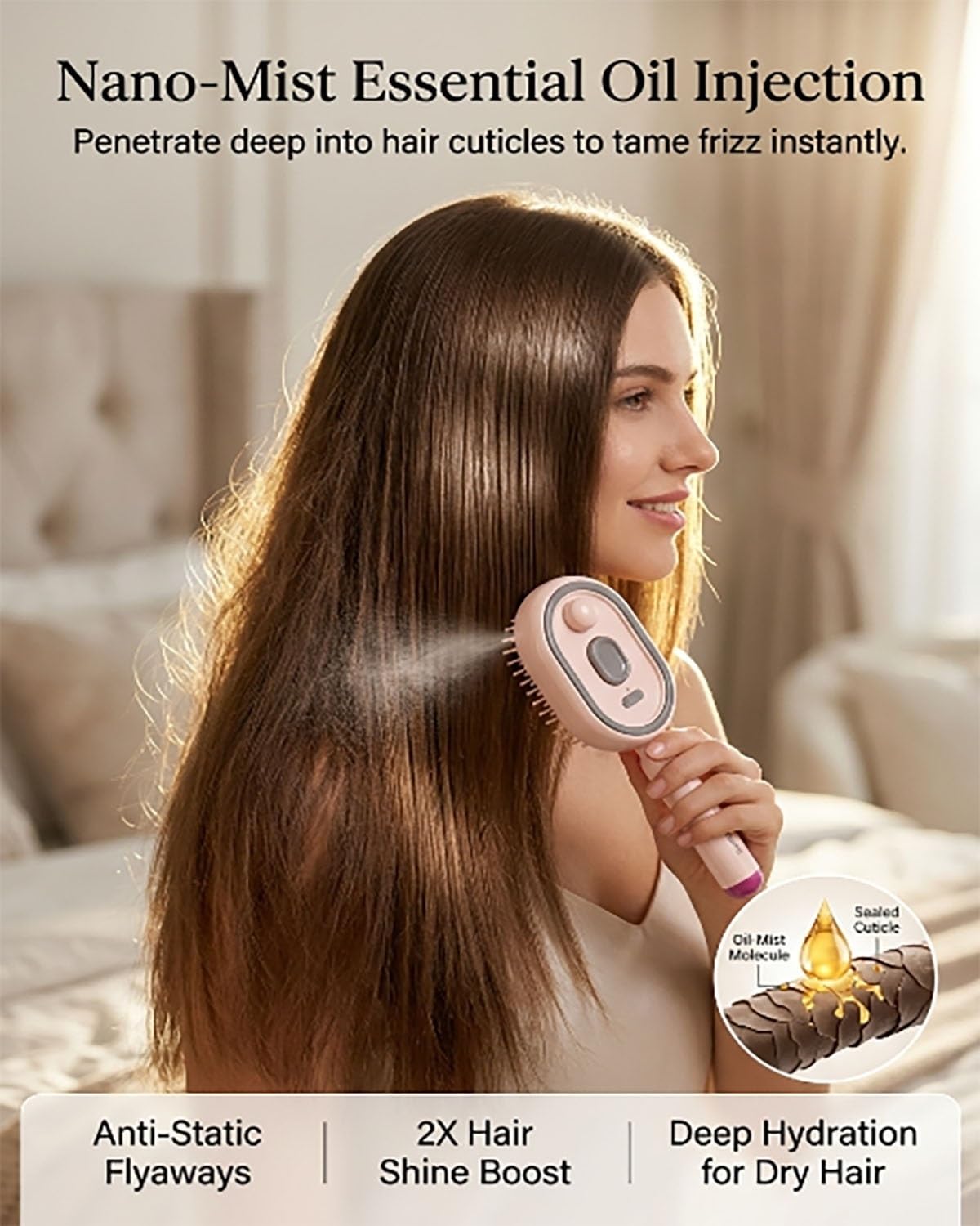 Electric Spray Air Cushion Massage Comb 5-in-1 Detangling Water Mist Hair Steam Brush for Dry Frizzy Hair Care Rechargeable Self-Cleaning Gloss Enhancing Brushes Steamer Home Spa Gift
