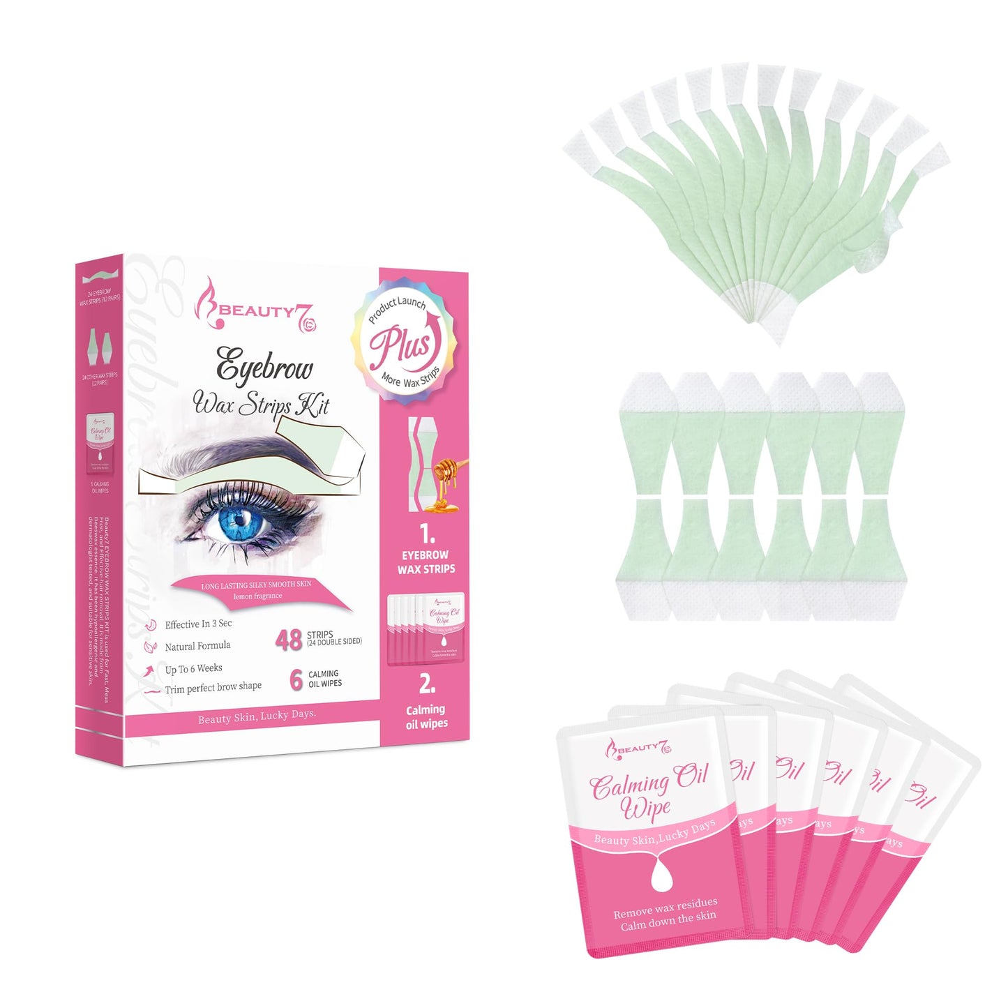Beauty7 Fit Eyebrow Wax Strips Plus Volum, Pre-cut Facial Hair Removal, Lip Hair Removes, at Home Waxing 48 Strips, 6 Calming Oil Wipes, for All Skin Types Women