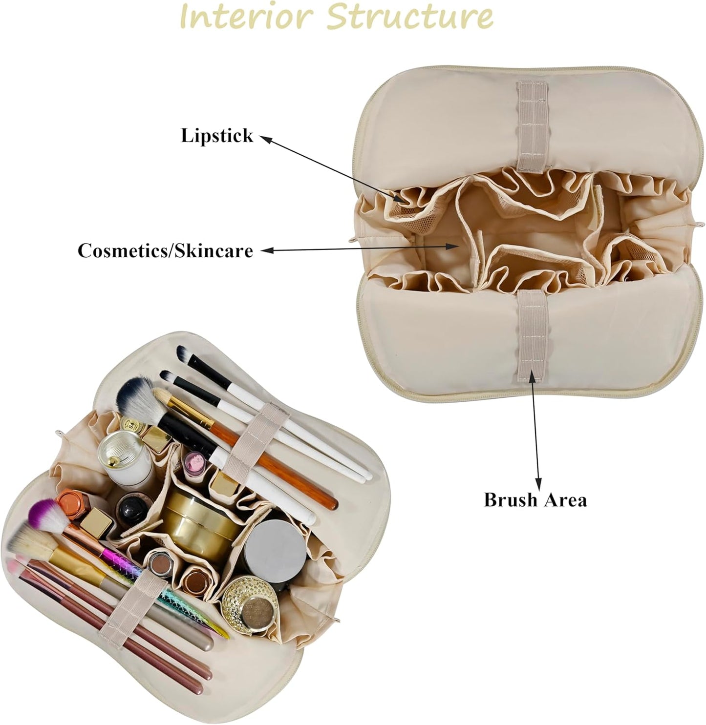 Travel Makeup Bag - Waterproof Cosmetic Organizer with Brush Holders | Fold-Down Design for Skincare & Toiletries (Beige, Medium)