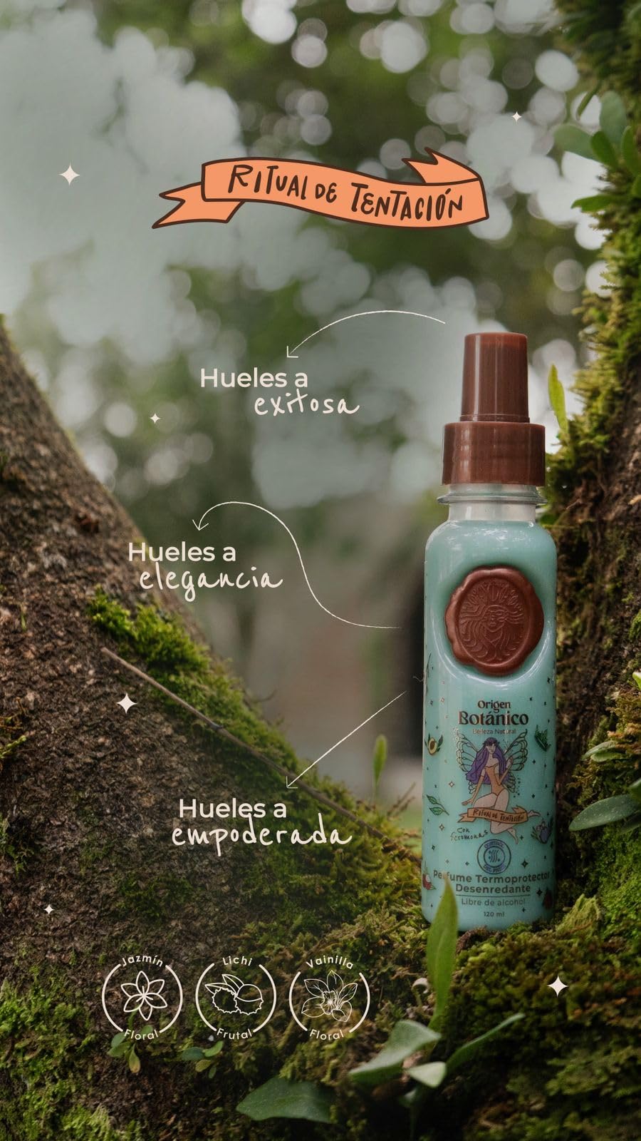 Origen Botánico Perfume Termoprotector para Cabello, Sin Alcohol, Antifrizz, Desenredante, Protección solar, Con Feromonas, Aroma Ritual de Tentación Jazmín y Vainilla 120ML. Todo tipo de cabello.