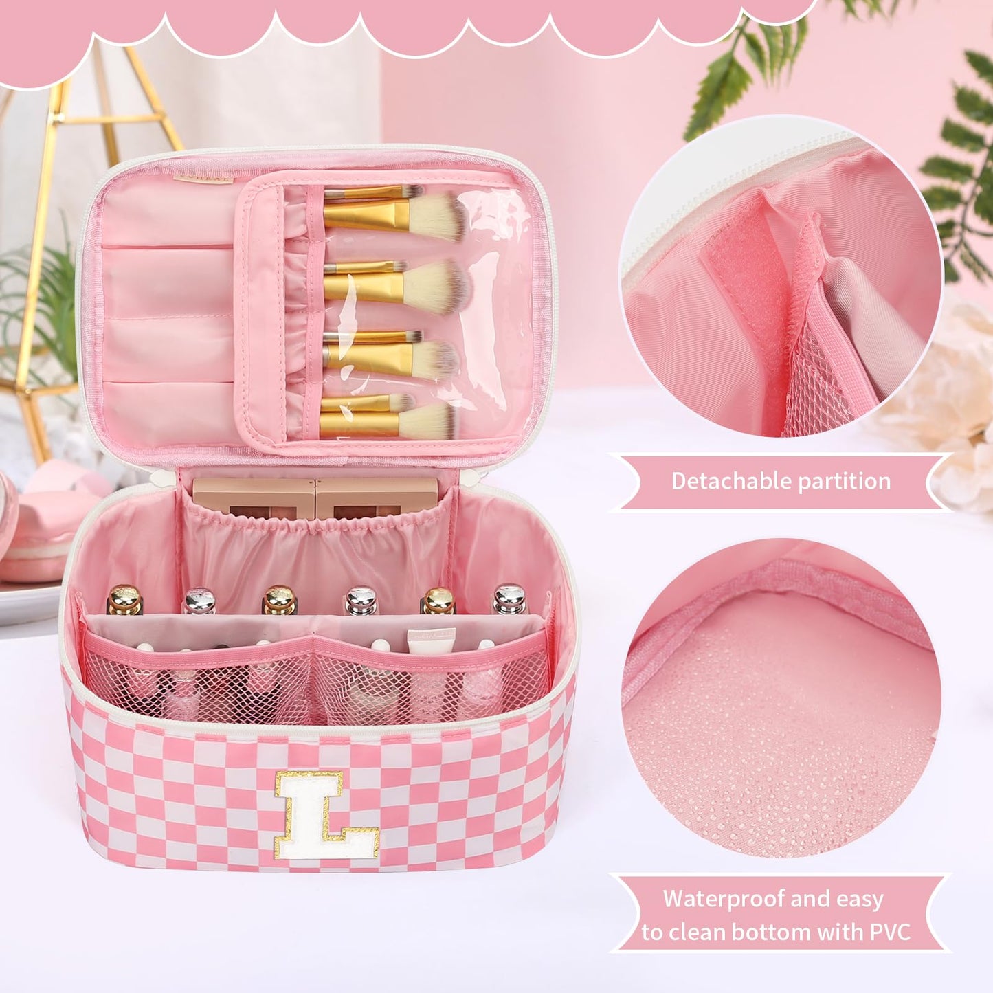 OCHEAL Makeup Bag for Women, Monogram Cosmetic Bag Pink Travel Makeup Case Beauty Toiletry Bag Organizer Personalized Gifts for Girls Bridesmaid, Sister, Wife, Friends Initial L