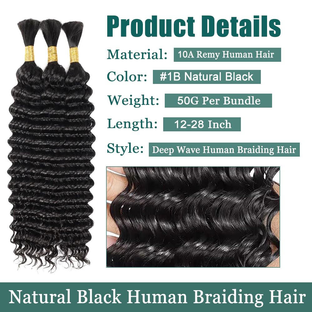Braiding Hair Deep Wave Bulk Human Hair 22 Inch Natural Black Deep Wave Bulk 3 Bundles No Weft Brazilian Virgin Wet and Wavy Bundles