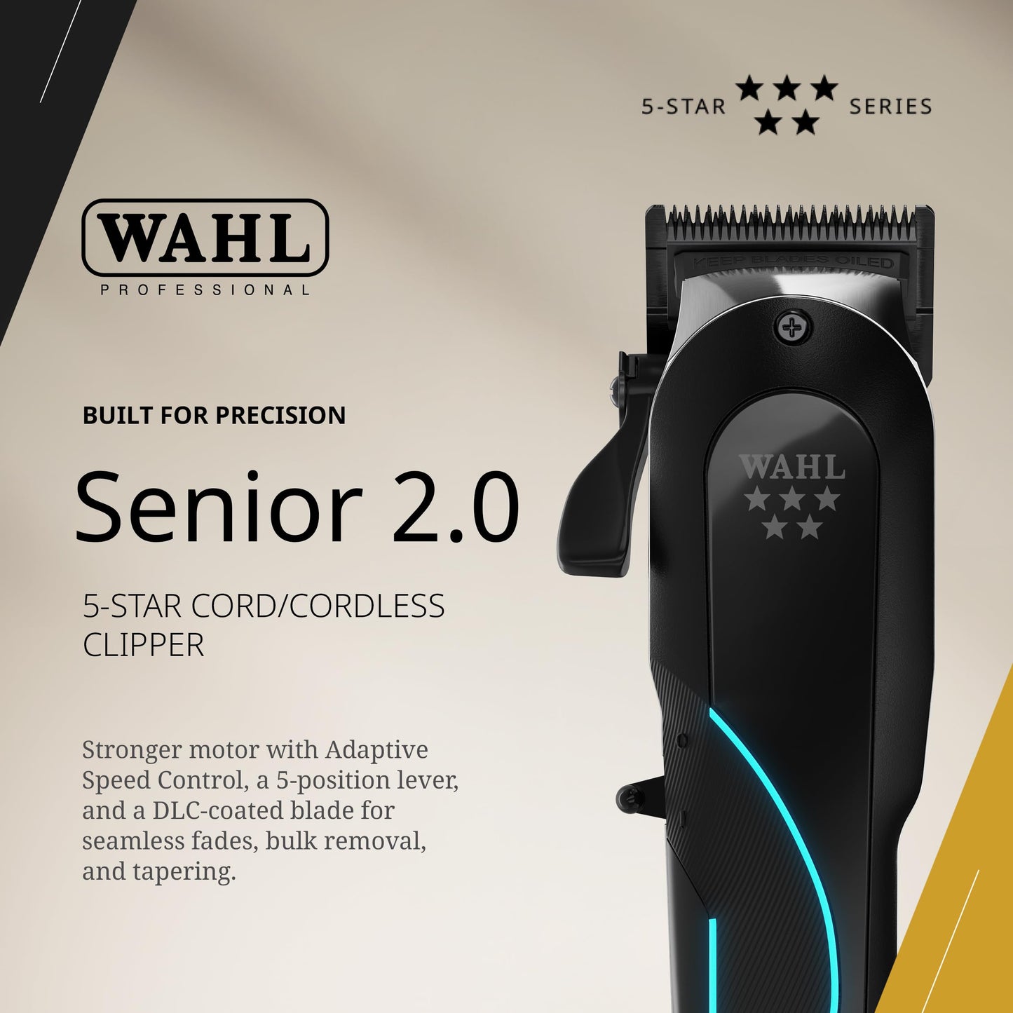 Wahl Professional Senior 2.0 Cordless Clipper, Carbon Steel DLC Coated Blade with Zero Gap Capability, Adjustable Taper Lever, Lithium Ion Power, Black and Metallic Silver