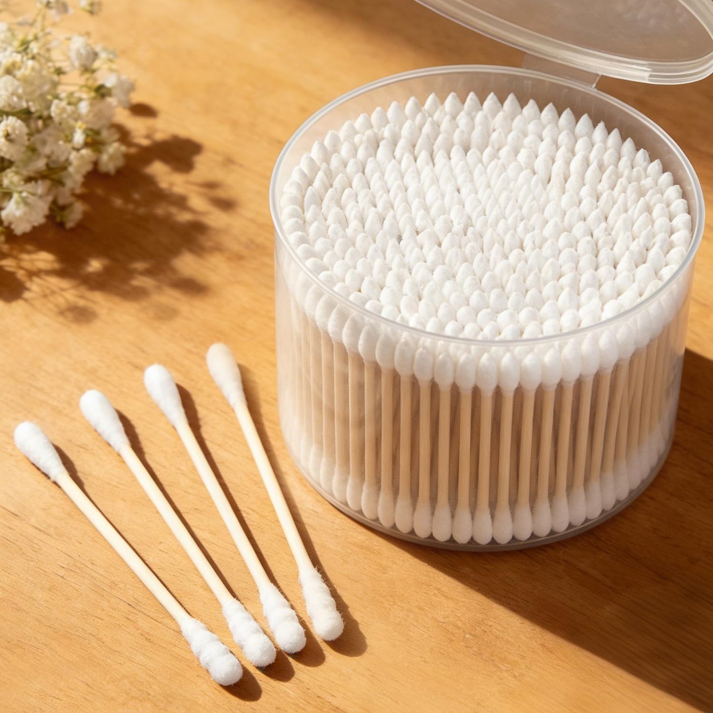 300 Count Cotton Swabs with Round and Spiral Tips, Biodegradable Eco Friendly Cotton Buds with Strong Wooden Sticks, Thick Firm Cotton Applicators for Personal Care, 2.8 Inch