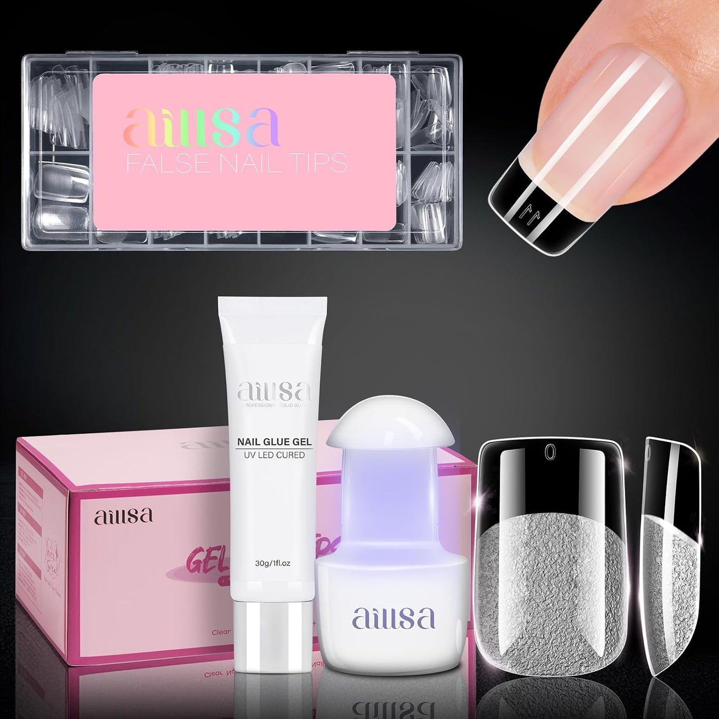 Nail Extension Kit - Medium Almond Nail Tips 224pcs | Solid Gel Glue 30g & Nail Lamp for DIY Home Salon