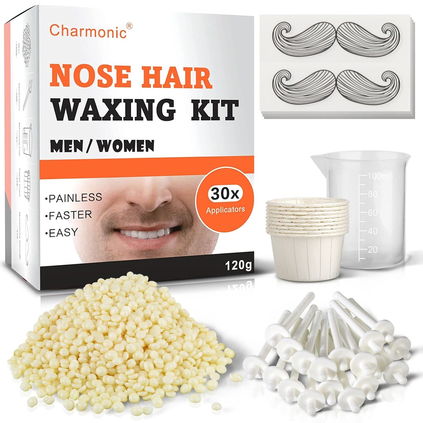 Nose Wax Kit, 120g Nose Hair Wax Kit for Men & Women, Painless Nose Hair Removal with USB Fast Heat, Smart Constant Temp, 40 Applicators, Wooden Sticks, After-Wax Wipes and Moustache Guards 20-25 Uses