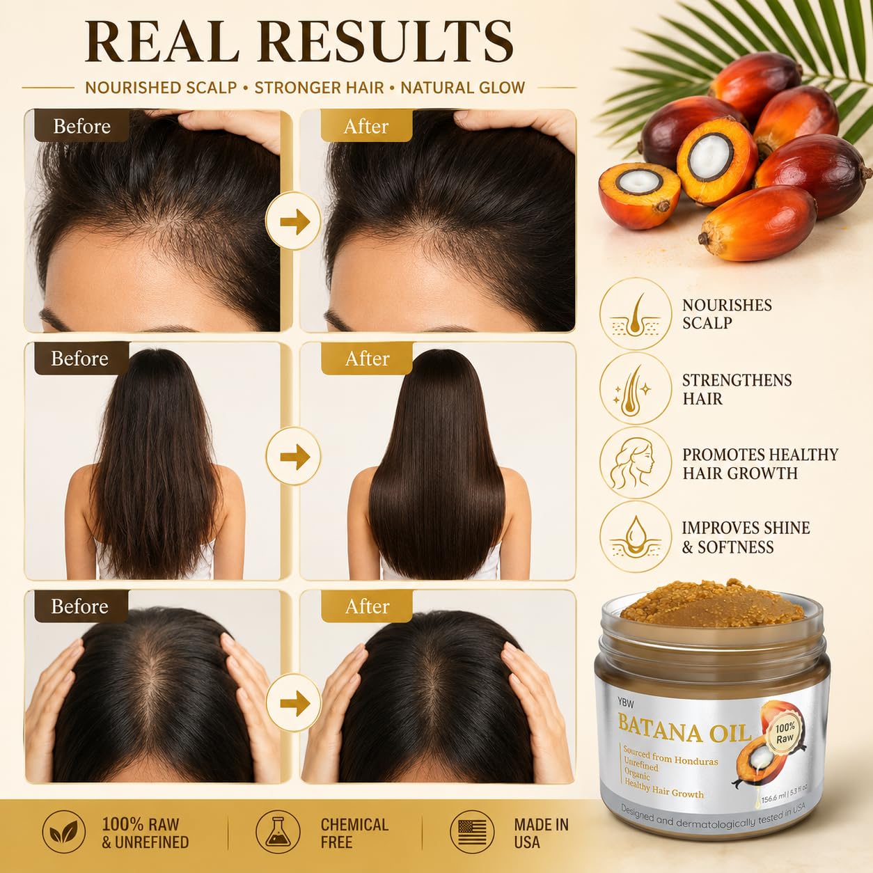 YBW Batana Oil for Hair Growth Dr. Sebi Organic, Natural, Pure and 100% Raw Batana Oil Paste from Honduras - Botana Enhances Hair Thickness, Prevents Loss for Men and Women