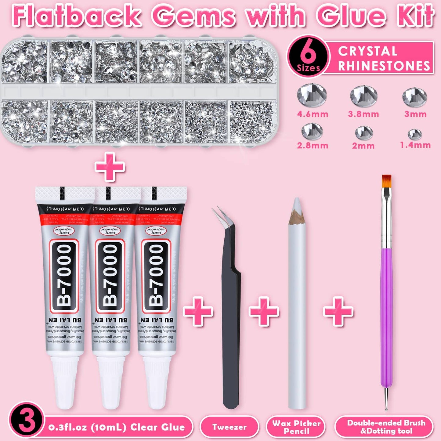Audab B7000 Jewelry Adhesive Glue with Glass Rhinestones for Crafts, 2100Pcs Flat Back Gems Crystal Not Resin Rhinestones with Tweezer Clear Glue for DIY Clothes Fabric Shoes Jewelry Making Nail Art