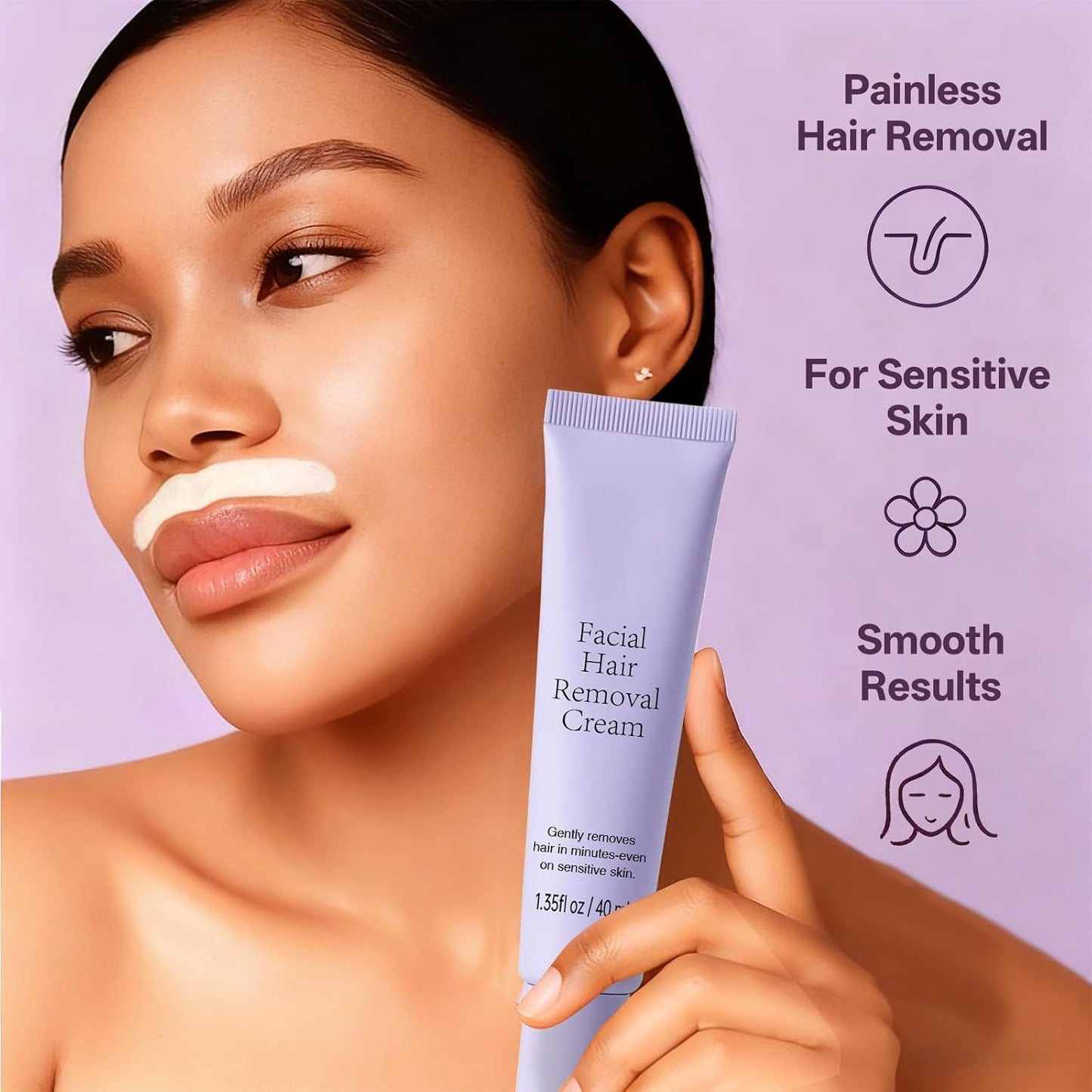 Facial Hair Removal Cream for Women – Painless 2-in-1 Depilatory Kit for Sensitive Skin, Upper Lip & Chin Hair Remover, Quick 4 Min Plant-Powered Formula with Soothing Cream, 1.52 Fl Oz