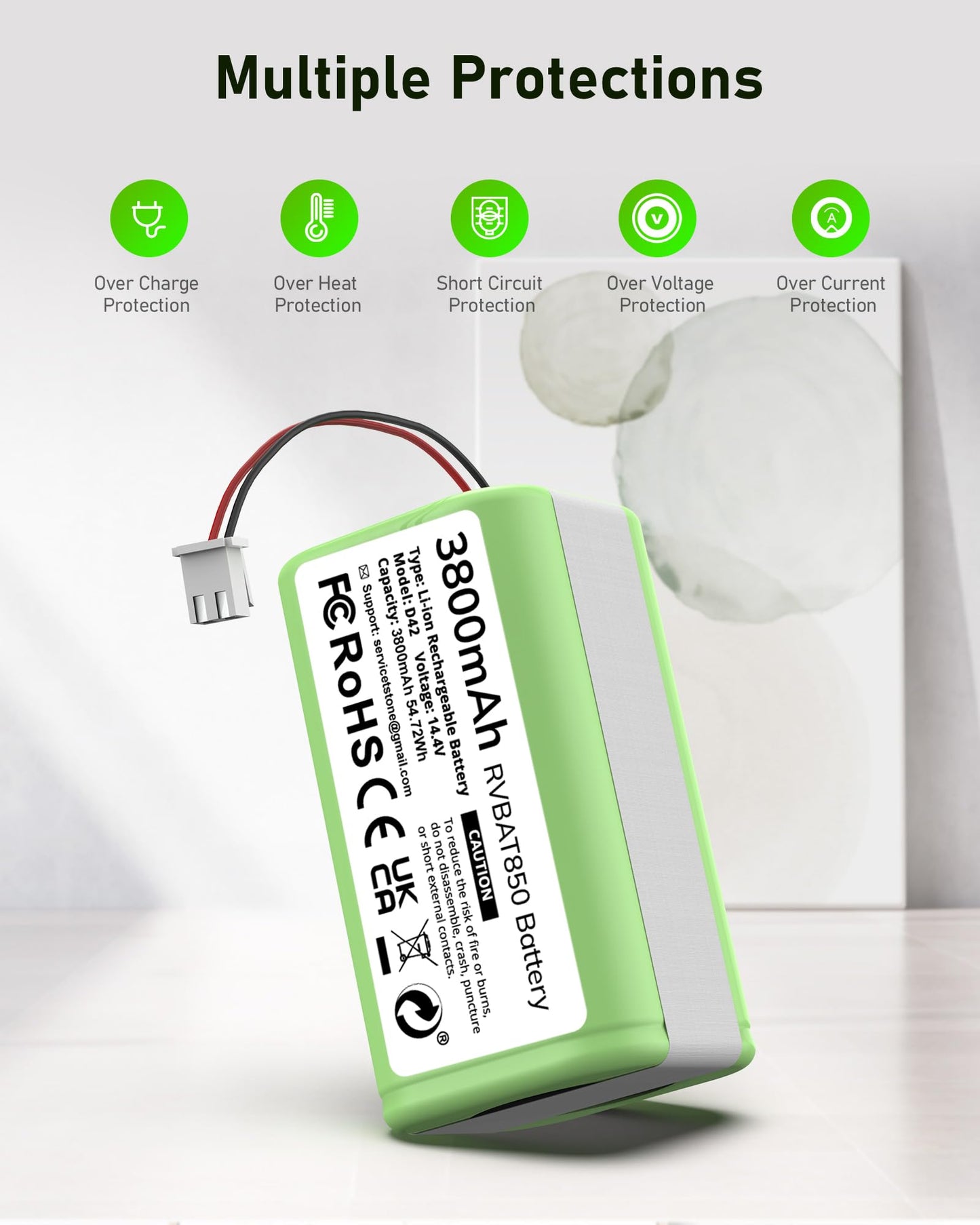 3800mAh RVBAT850 Battery, Battery Replacement for Shark Vacuum, Suitable for Rvbat850 Shark Ion-battery R75, RV761, RV850C, RV1000S, RV1100VL, RV101AE, UR1000SR, RV700_N, RV720_N(2-Prong Connector)