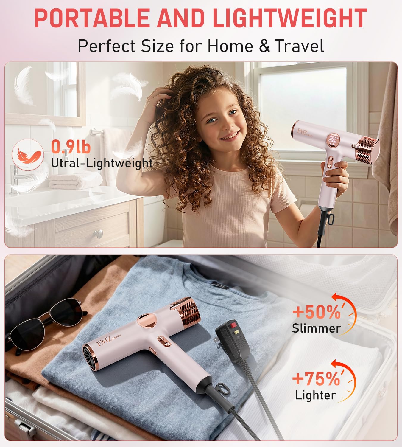 FMZ Professional Ionic Hair Blow Dryer with Smart Display, 1875W High Speed Brushless Motor for Fast Drying, Small Portable Light weight Low Noise, Curly Diffuser Blowdryer for Women Kids Salon Travel